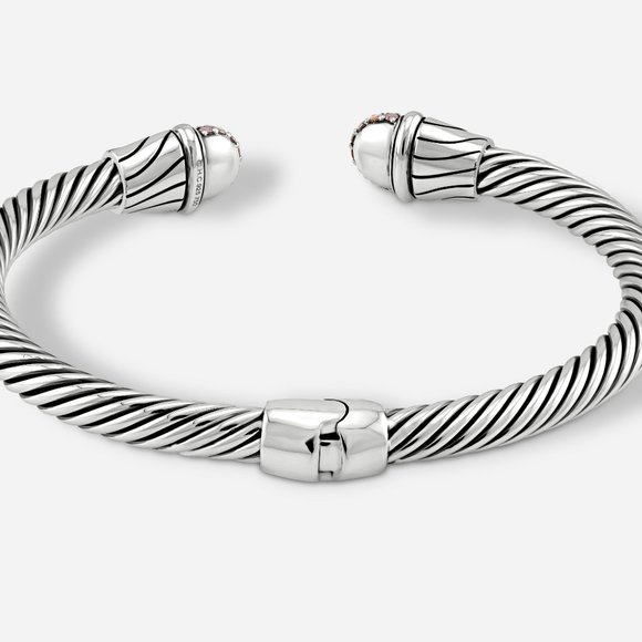 5mm Braided Silver & 18k Gold Cable Bracelet with Red Diamonds and Middle Clasp - Picture 4 of 5